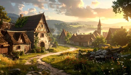 A charming village nestled in a valley at sunset. Sunlight bathes the cobblestone road & timber-framed houses. A church steeple rises in the distance