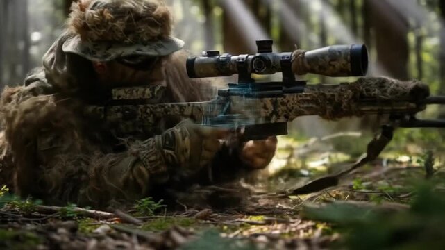 Camouflaged marksman with sniper rifle concealed in woodland environment focusing objective