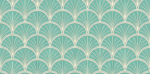 Art Deco Fan Pattern in Teal and Beige for Elegant Backgrounds and Decorative Designs