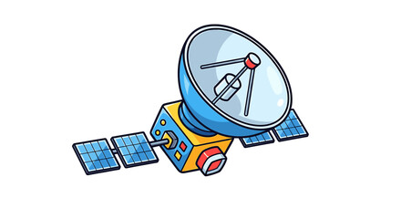 Cartoon satellite illustration with solar panels on a white background.
