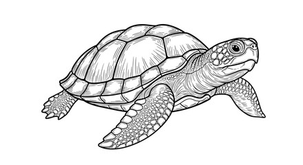 Black and white detailed line art of a sea turtle