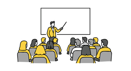 Engaged audience learns from expert speaker presenting valuable information on screen