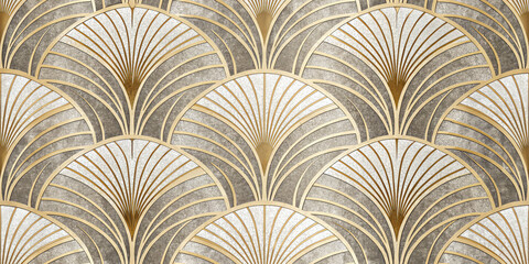 Art Deco Fan Pattern in Gold and Beige Seamless Geometric Design for Elegant Backgrounds