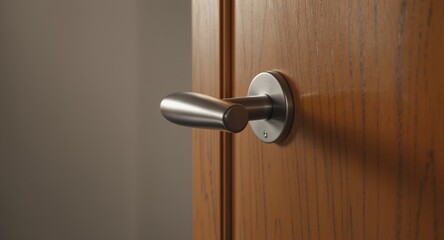 Obraz premium Modern Interior Door Handle, Brushed Metal, Wooden Door, Close Up, Home Decor, Architectural Detail