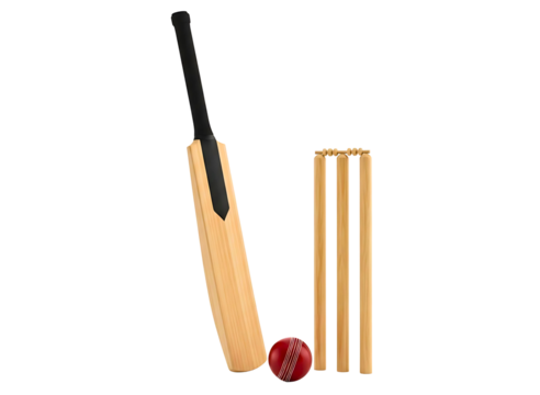 Cricket bat wickets and ball isolated on transparent background
