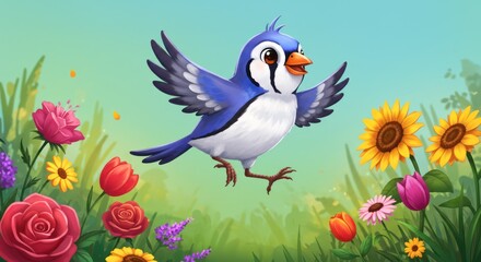 Joyful cartoon blue finch hopping happily in a vibrant spring meadow filled with colorful flowers