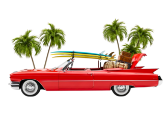Vintage red car with surfboards on roof rack isolated on transparent background