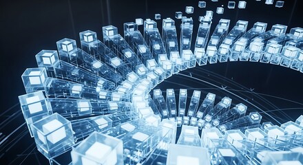 Abstract data structure with transparent cubes forming a spiral on a dark background