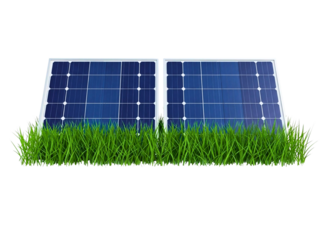 Two blue solar panels on green grass isolated on transparent background