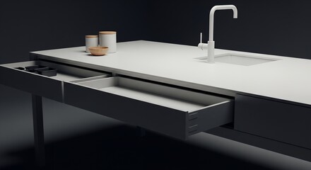 Modern Kitchen Island with Open Drawers and Integrated Sink, Minimalist Design for Interior Design Projects