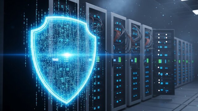 A digital shield icon with binary code is superimposed over a row of server racks in a data center. It represents data security, network protection, and cybersecurity in modern IT infrastructure.