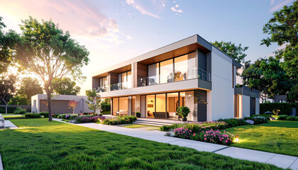 Showcasing modern architectural design urban residential area luxury house exterior suburban environment contemporary viewpoint