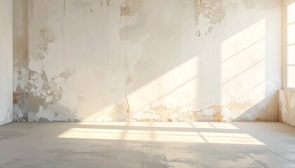 minimalistic empty room with textured white plaster walls, slightly weathered and natural light from a large window reflecting on a  interior wall