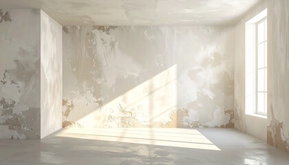 minimalistic empty room with textured white plaster walls, slightly weathered and natural light from a large window reflecting on a  interior wall