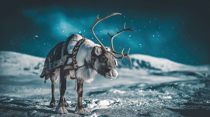 A reindeer dressed in Sami traditional clothing from Northern Europe, cultural winter heritage style