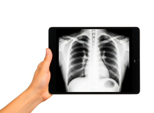 Hand holding tablet displaying chest x ray isolated on transparent background