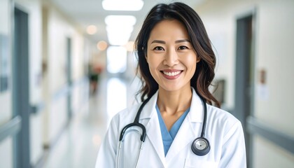 Portrait of a smiling healthcare professional in a hospital corridor, wearing a stethoscope