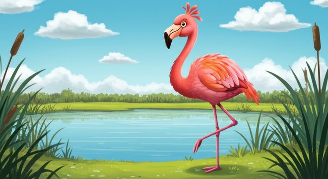 Vibrant cartoon illustration of a comical pink flamingo standing on one leg by a serene pond in a lush summer landscape - Powered by Adobe