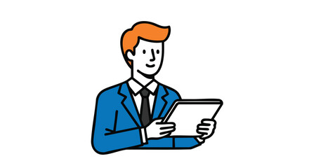 Confident businessman in blue suit uses tablet for digital presentation, modern professional