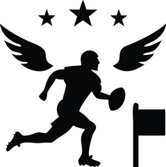 Football ball + player running silhouette + eagle wings + stars + goalpost.