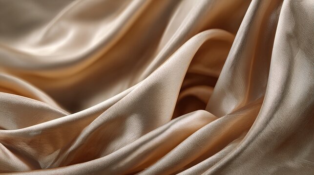 A close-up of flowing, smooth, beige silk fabric