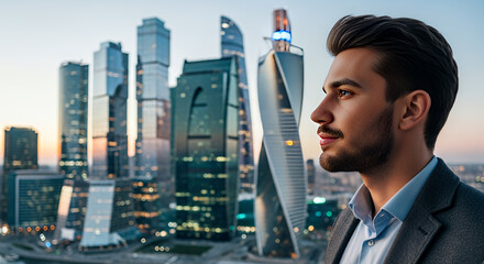 Plakat Man in suit looking towards city skyscrapers at dusk with blurred background and side profile view