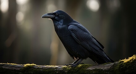Naklejka premium Black Raven Perched on Tree Branch in Forest with Soft Light