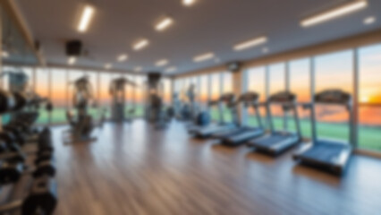 blurry image of a fitness center, there are sophisticated walking and running equipment in the room, during the day there is sunset light entering the room, the gym background is blurry.