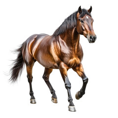 Obraz premium Majestic Bay Horse Trotting Gracefully in a Studio Setting, Captivating Deep Brown Coat Reflecting Natural Light with Sleek Mane and Strong Build