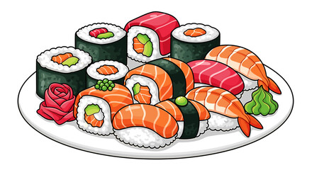 Colorful sushi platter featuring maki, nigiri, and garnishes on white