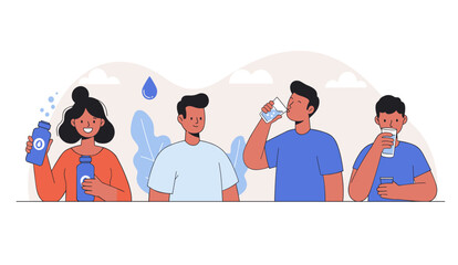 Diverse group of young people are staying hydrated by drinking water from bottles and glasses, promoting health and wellness in a modern, stylized illustration.