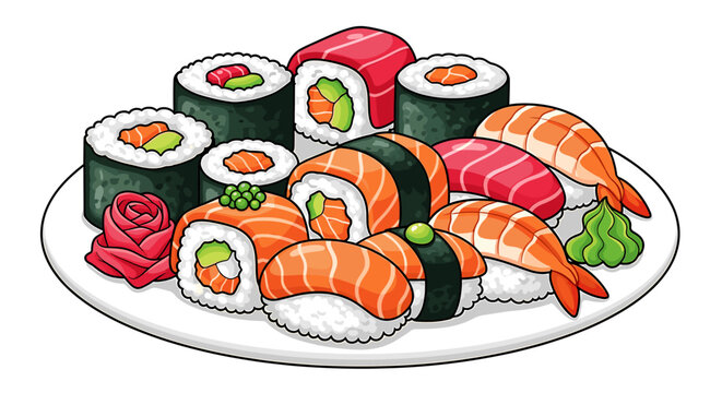 Colorful sushi platter featuring maki, nigiri, and garnishes on white