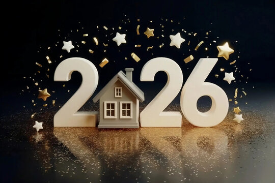 2026 Real Estate Concept with House Model and Golden Celebration Confetti for New Year Housing Market and Investment - Powered by Adobe