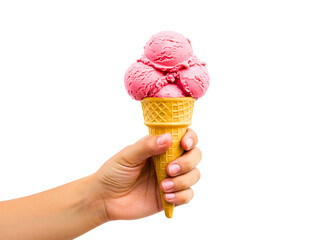 Hand holding a delicious ice cream cone with toppings isolated on transparent background