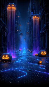 A spooky, neon-lit street scene featuring glowing jack-o'-lanterns and jellyfish-like lights, creating an eerie Halloween atmosphere.