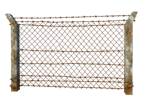 Old barbed wire fence section with wooden posts isolated on transparent background