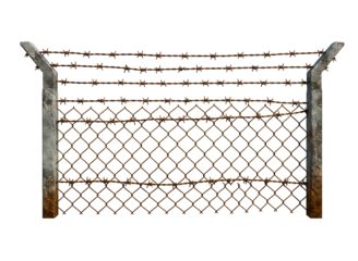 Old barbed wire fence section with wooden posts isolated on transparent background
