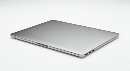 A closed silver laptop on a white surface showing ports and a sleek minimalist design aesthetic