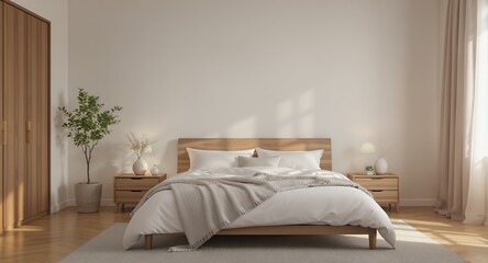 Modern Minimalist Bedroom Interior Design, Cozy and Bright Space with Wooden Furniture and Neutral Colors