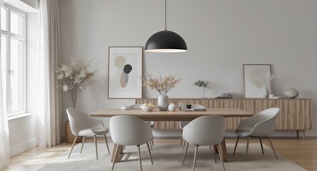 Modern minimalist dining room interior design with wooden table and chairs, neutral color scheme, and stylish decor.