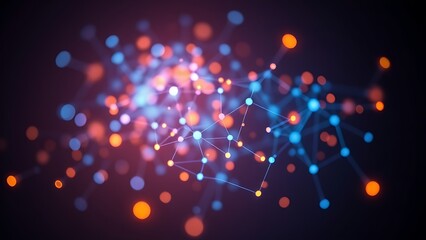 Abstract network of glowing nodes and connections in blue and orange floating in space.