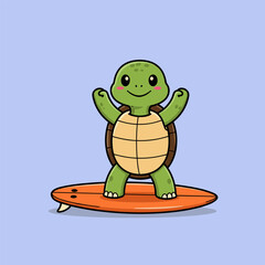 A smiling green turtle with pink cheeks stands on an orange surfboard, raising its arms against a light blue background.