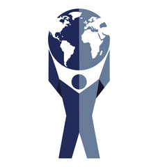 A human figure logo holding up a globe, symbolizing global responsibility, community support, and environmental care
