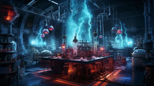 Mad Scientist Lab with Glowing Neon Tubes