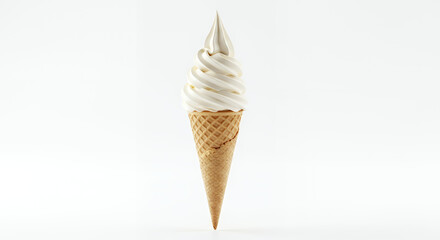 A vanilla soft serve ice cream cone isolated on a white background in a studio shot photograph