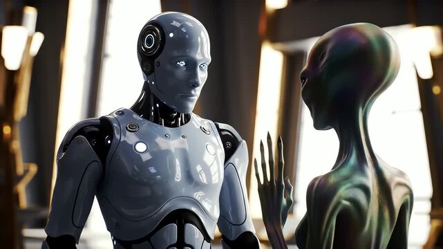 Humanoid Robot And Alien Exchange In Industrial Setting