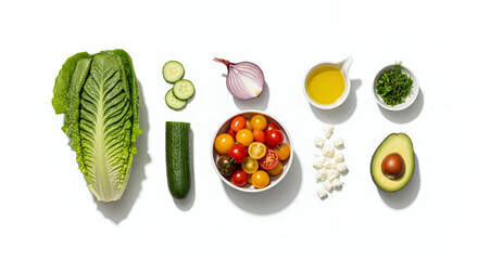 Overhead shot of fresh salad ingredients arranged on a white surface for preparation of a meal