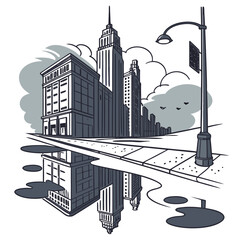 Obraz premium A Cityscape Reflected in a Puddle