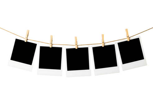 empty instant photo frames hanging on a clothesline with clothespins isolated on transparent background