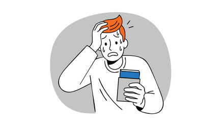 Stressed man with hand on head, sweating, holding phone, facing urgent financial crisis